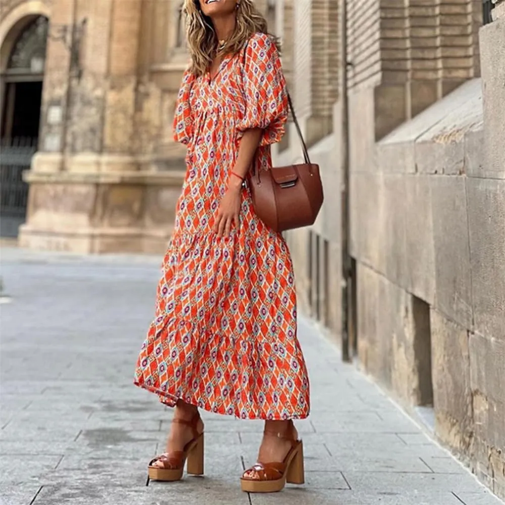 Floral Print Casual Maxi Dress for Women Summer Loose V Neck Short Sleeve Flowy Long Dresses with Ruffle Swing Hem