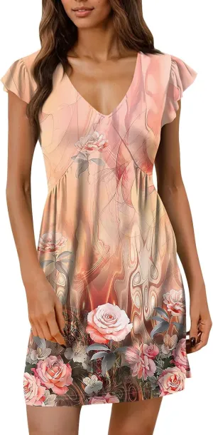 Flutter Sleeve Dress for Women Summer V Neck Mini Sundress Floral Cute Boho Elegant Casual Beach Wedding Guest Dress