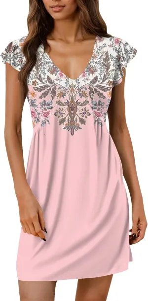 Flutter Sleeve Dress for Women Summer V Neck Mini Sundress Floral Cute Boho Elegant Casual Beach Wedding Guest Dress