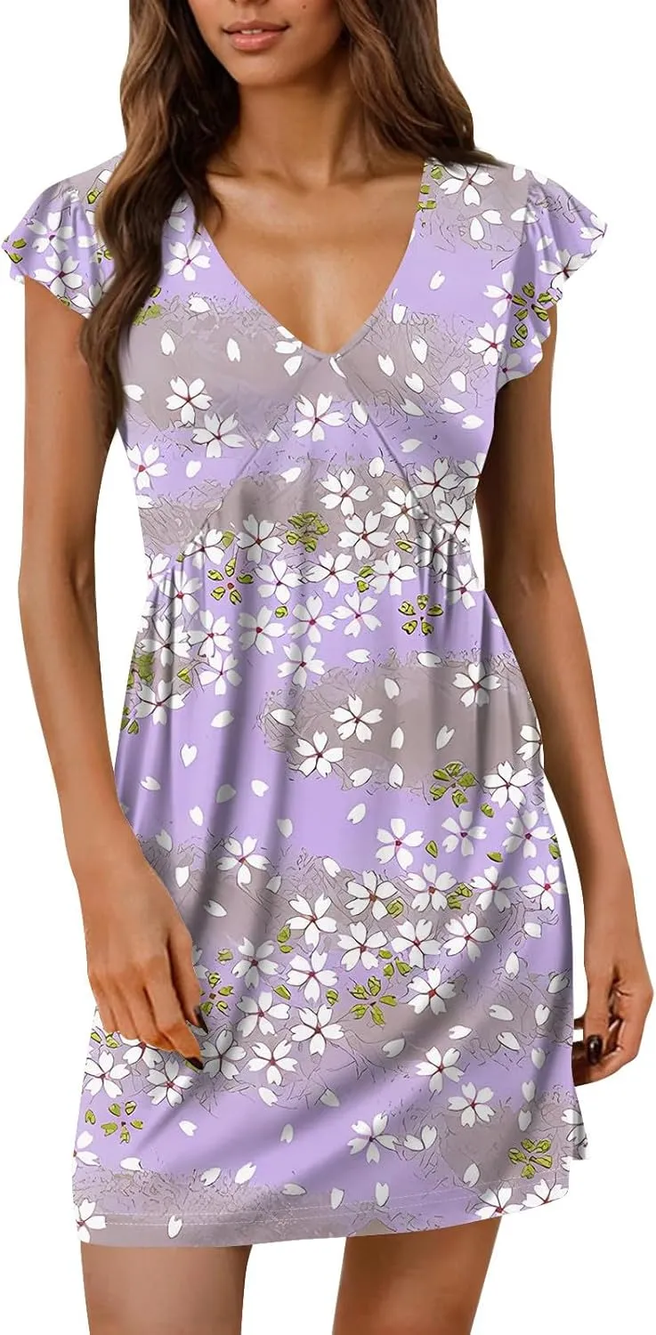 Flutter Sleeve Dress for Women Summer V Neck Mini Sundress Floral Cute Boho Elegant Casual Beach Wedding Guest Dress