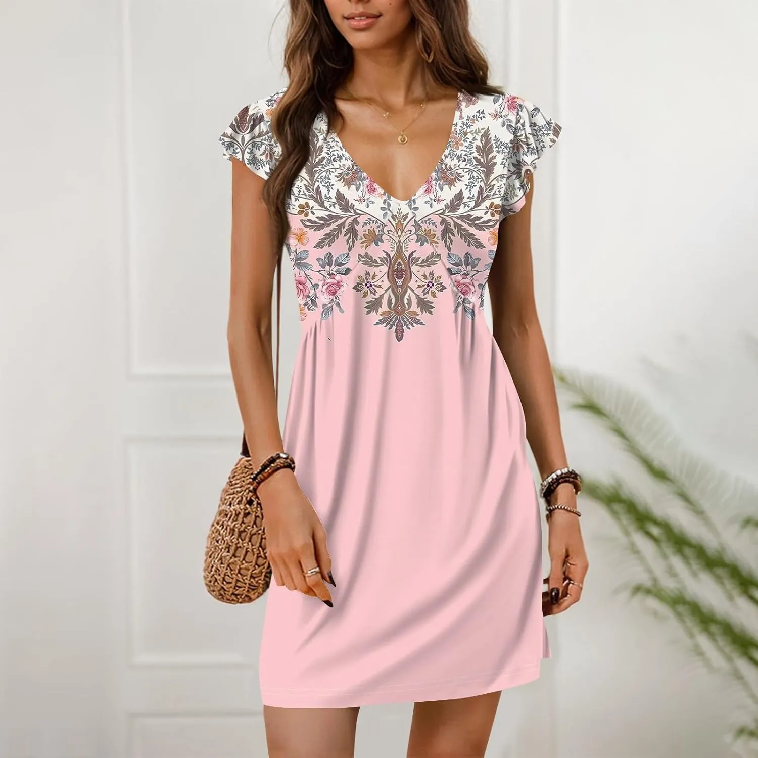 Flutter Sleeve Dress for Women Summer V Neck Mini Sundress Floral Cute Boho Elegant Casual Beach Wedding Guest Dress
