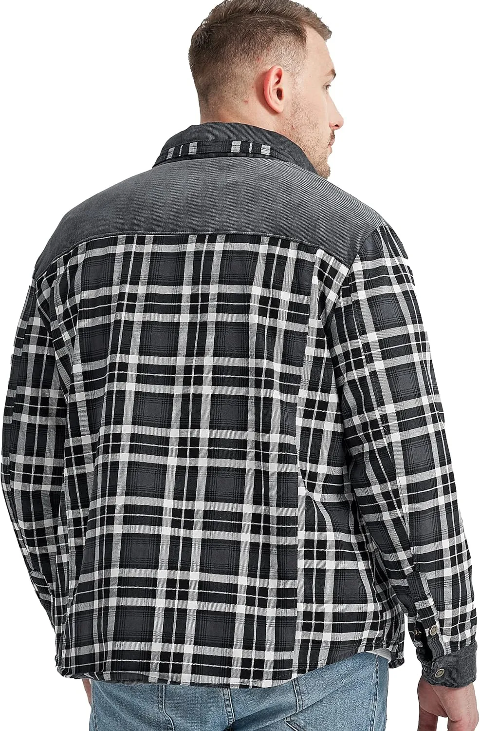 Flygo Men's Flannel Jacket Loose Plaid Sherpa Lined Flannel Shirt Snap Button Warm Winter Jackets Pockets