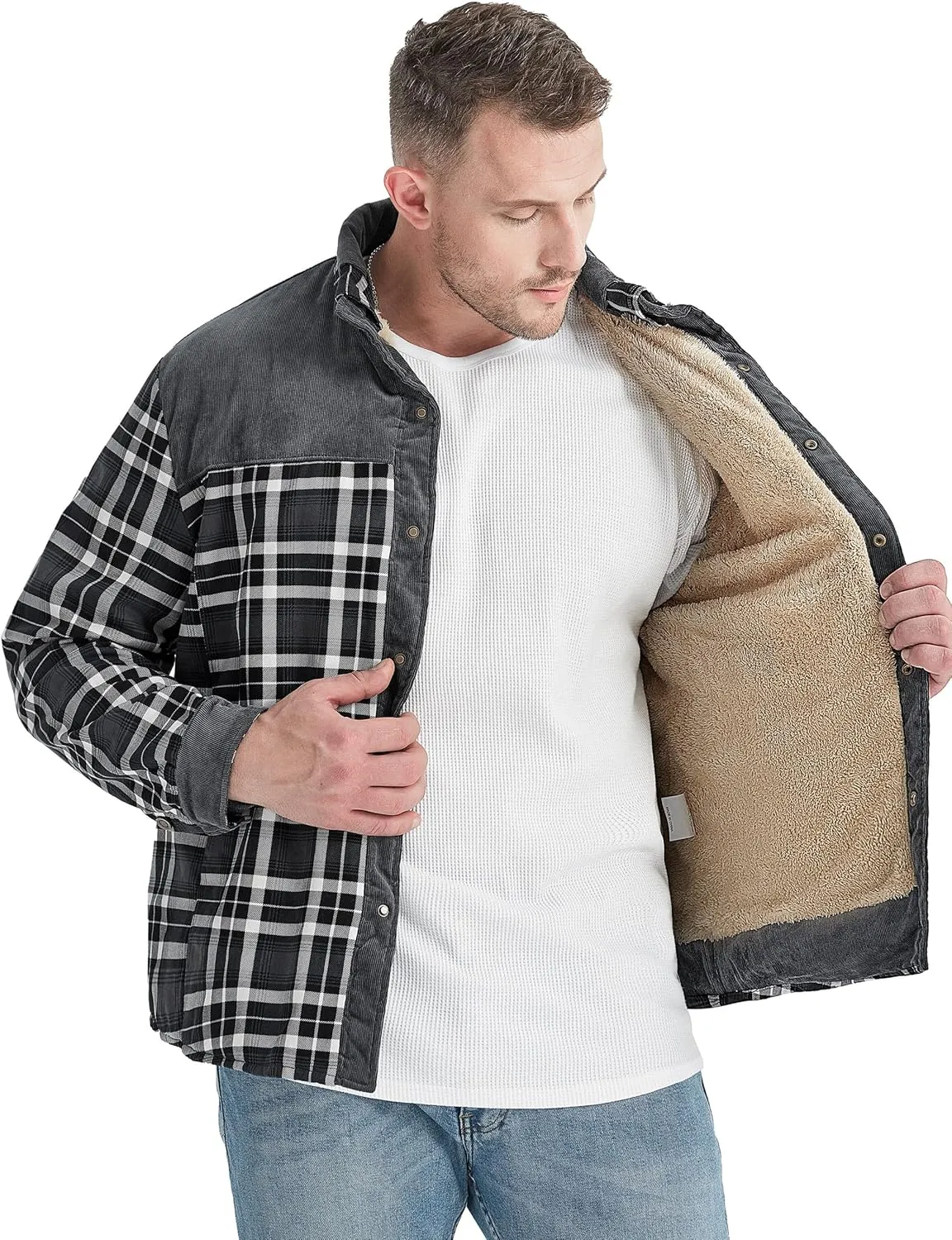 Flygo Men's Flannel Jacket Loose Plaid Sherpa Lined Flannel Shirt Snap Button Warm Winter Jackets Pockets