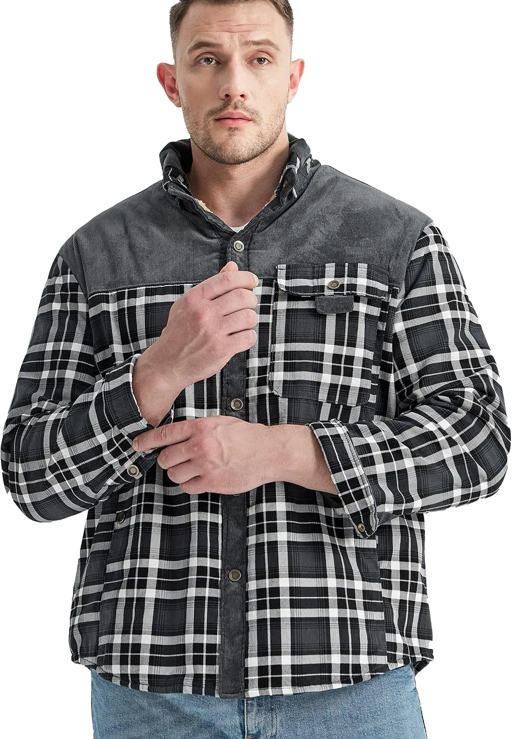 Flygo Men's Flannel Jacket Loose Plaid Sherpa Lined Flannel Shirt Snap Button Warm Winter Jackets Pockets