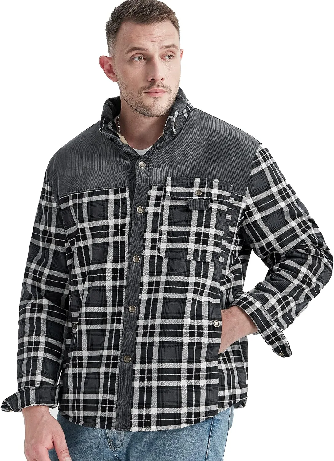 Flygo Men's Flannel Jacket Loose Plaid Sherpa Lined Flannel Shirt Snap Button Warm Winter Jackets Pockets