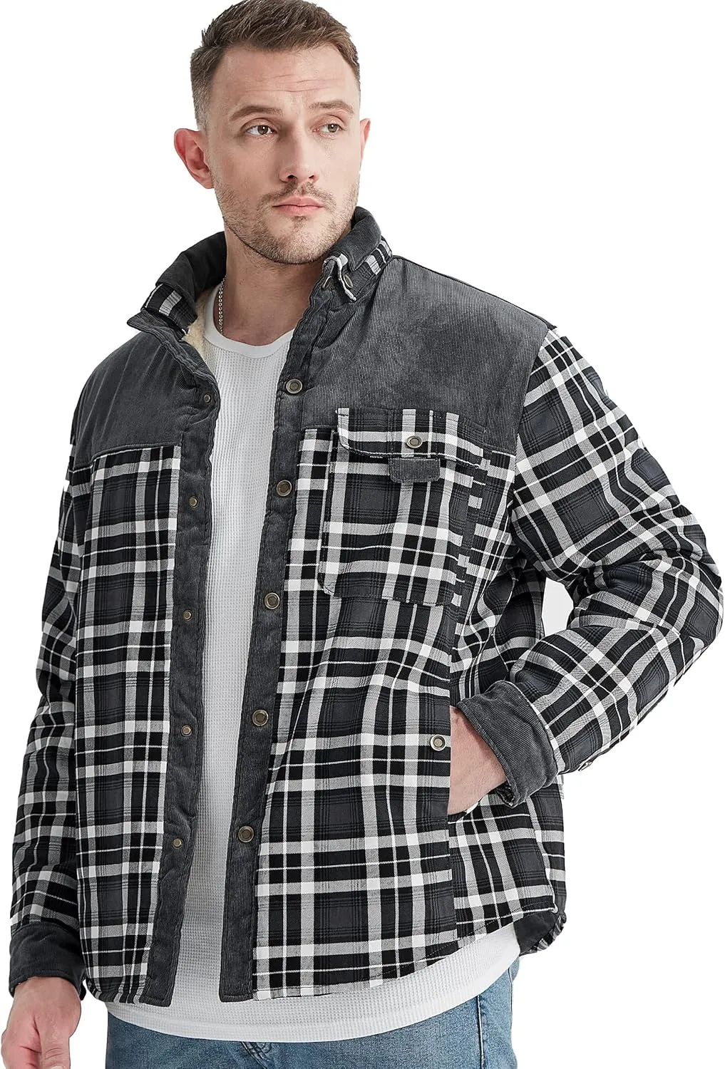 Flygo Men's Flannel Jacket Loose Plaid Sherpa Lined Flannel Shirt Snap Button Warm Winter Jackets Pockets