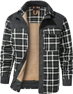Flygo Men's Flannel Jacket Loose Plaid Sherpa Lined Flannel Shirt Snap Button Warm Winter Jackets Pockets