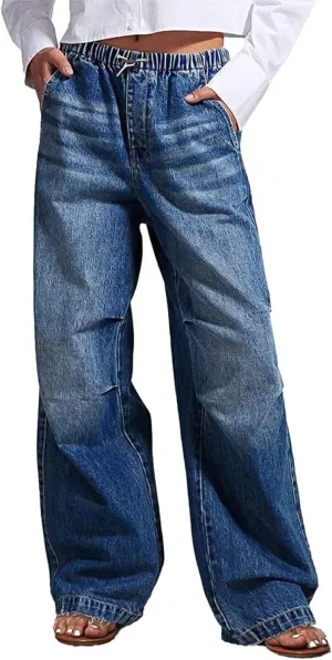 Flygo Womens Wide Leg Jeans Elastic Waist Drawstring Baggy Jeans Y2K Boyfriend Jeans Loose Denim Pants