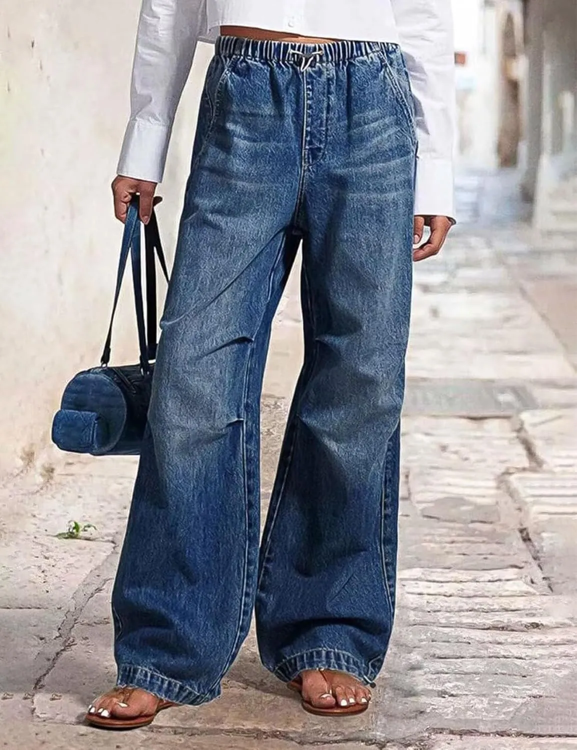 Flygo Womens Wide Leg Jeans Elastic Waist Drawstring Baggy Jeans Y2K Boyfriend Jeans Loose Denim Pants