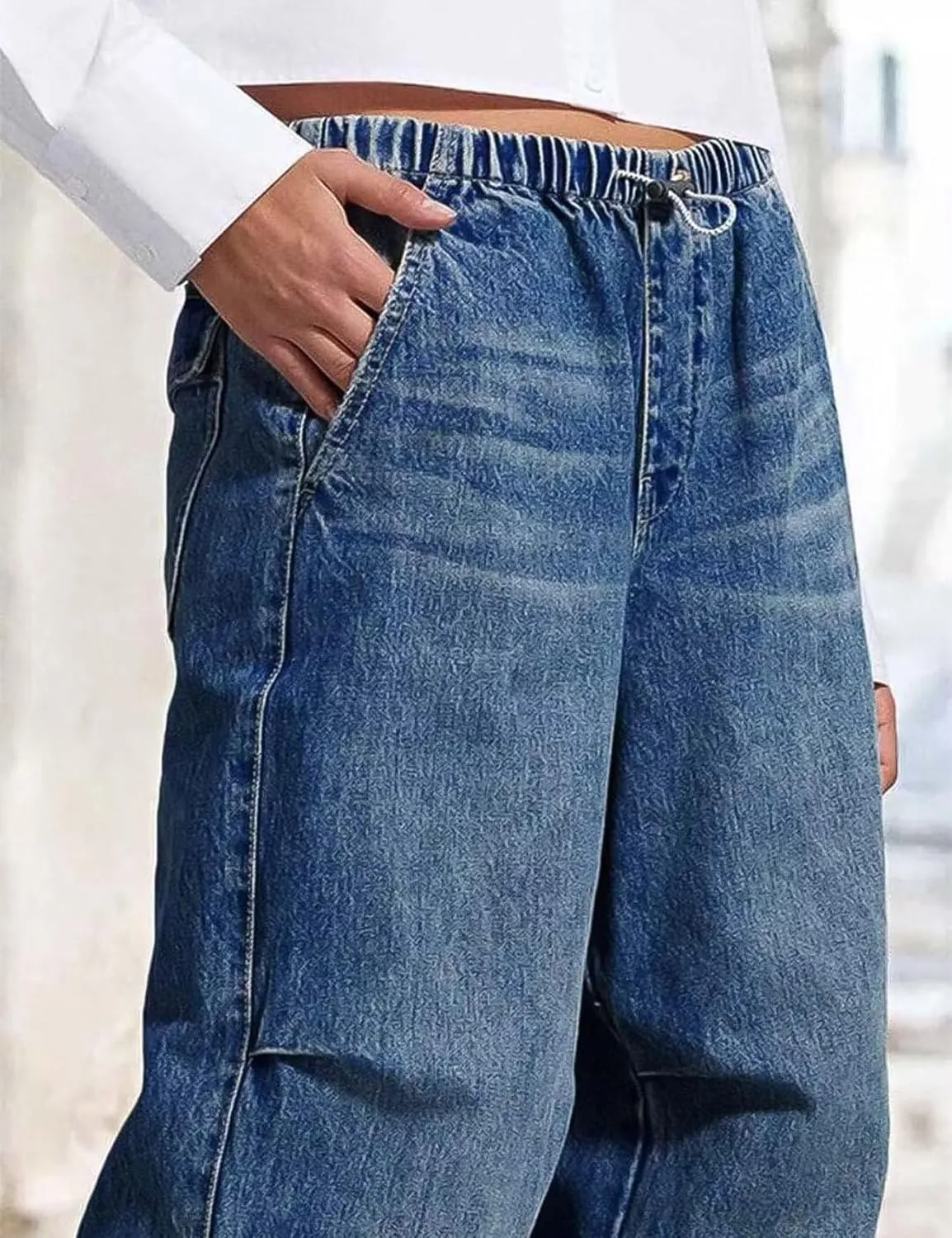 Flygo Womens Wide Leg Jeans Elastic Waist Drawstring Baggy Jeans Y2K Boyfriend Jeans Loose Denim Pants
