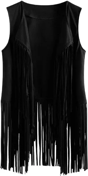 Fringe Jacket Vest for Women Vintage Western 70s Outfits Tassel Sleeveless Cardigans Hippie Cowgirl Clothes