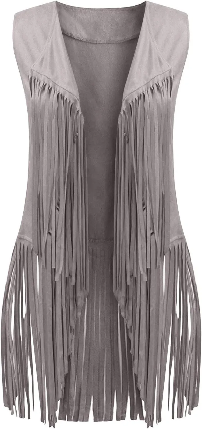 Fringe Jacket Vest for Women Vintage Western 70s Outfits Tassel Sleeveless Cardigans Hippie Cowgirl Clothes