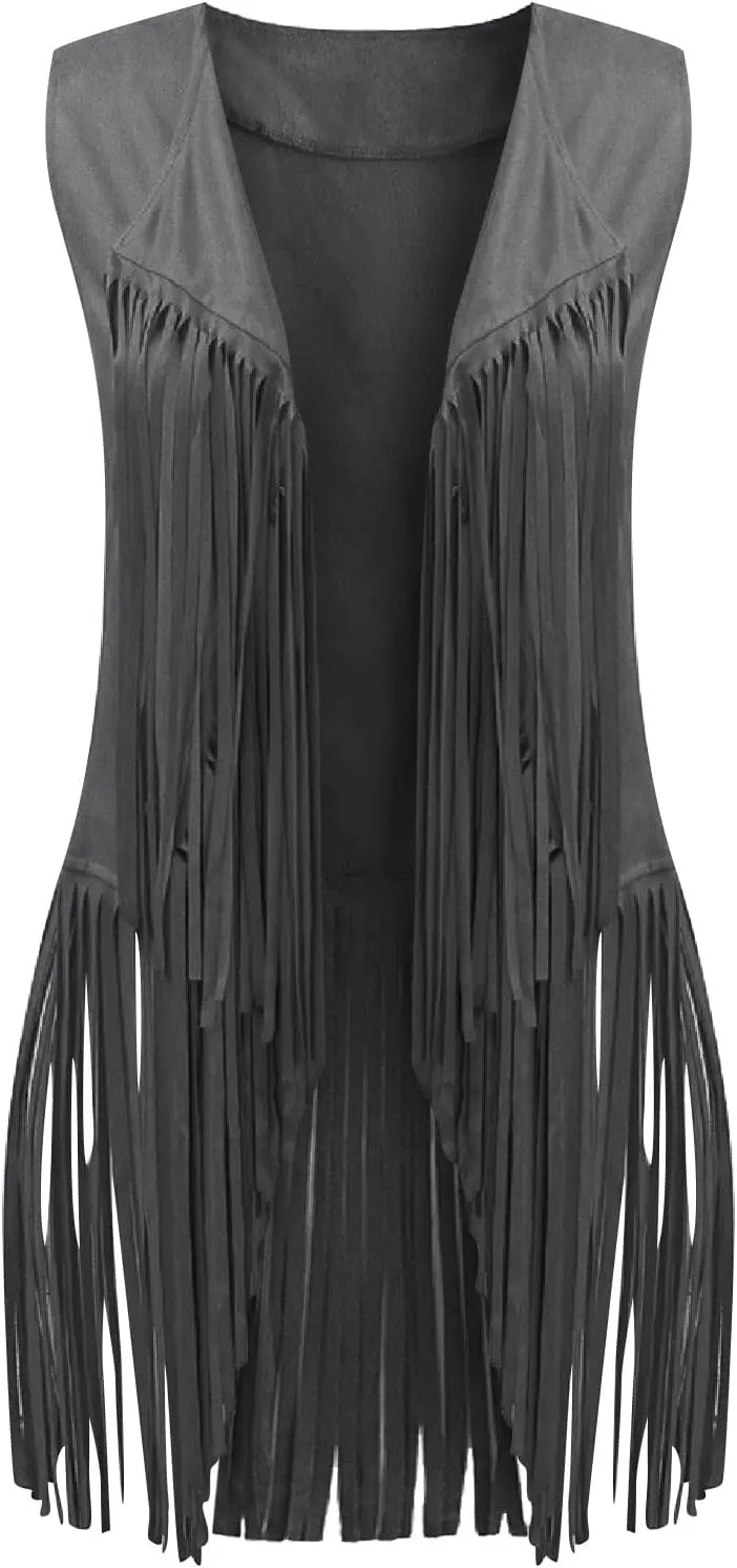 Fringe Jacket Vest for Women Vintage Western 70s Outfits Tassel Sleeveless Cardigans Hippie Cowgirl Clothes
