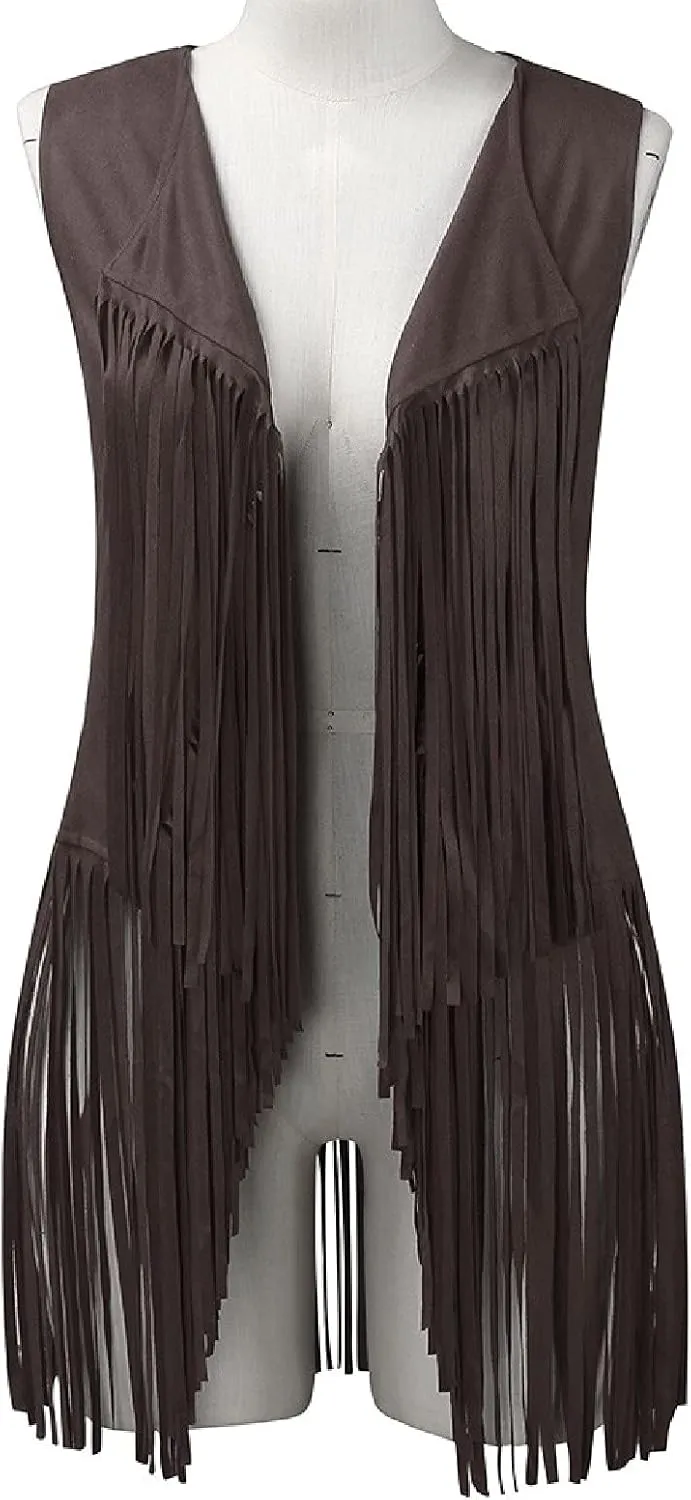 Fringe Jacket Vest for Women Vintage Western 70s Outfits Tassel Sleeveless Cardigans Hippie Cowgirl Clothes