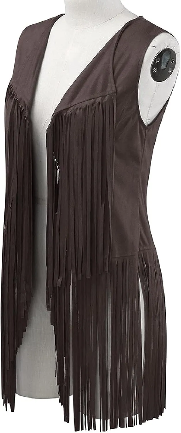 Fringe Jacket Vest for Women Vintage Western 70s Outfits Tassel Sleeveless Cardigans Hippie Cowgirl Clothes