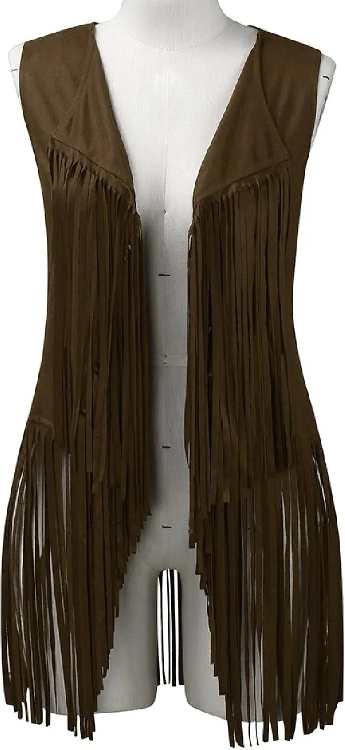Fringe Jacket Vest for Women Vintage Western 70s Outfits Tassel Sleeveless Cardigans Hippie Cowgirl Clothes