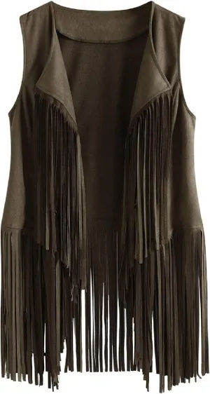 Fringe Jacket Vest for Women Vintage Western 70s Outfits Tassel Sleeveless Cardigans Hippie Cowgirl Clothes
