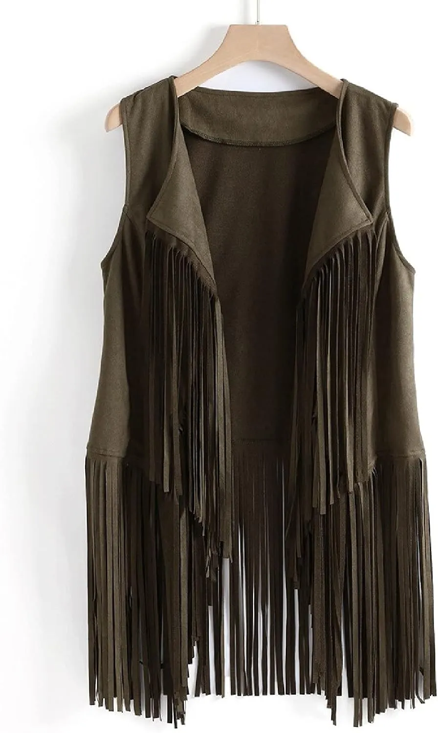 Fringe Jacket Vest for Women Vintage Western 70s Outfits Tassel Sleeveless Cardigans Hippie Cowgirl Clothes