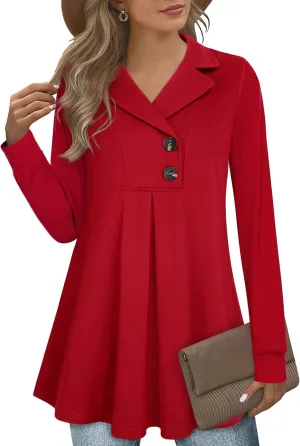 Gaharu Women's Swing Tunic Notch Collar Ladies Button Sweatshirt Long Sleeve Pullover Shirt Tops