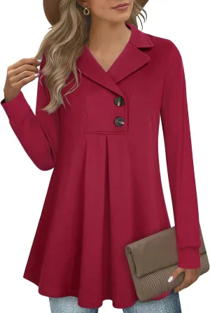 Gaharu Women's Swing Tunic Notch Collar Ladies Button Sweatshirt Long Sleeve Pullover Shirt Tops