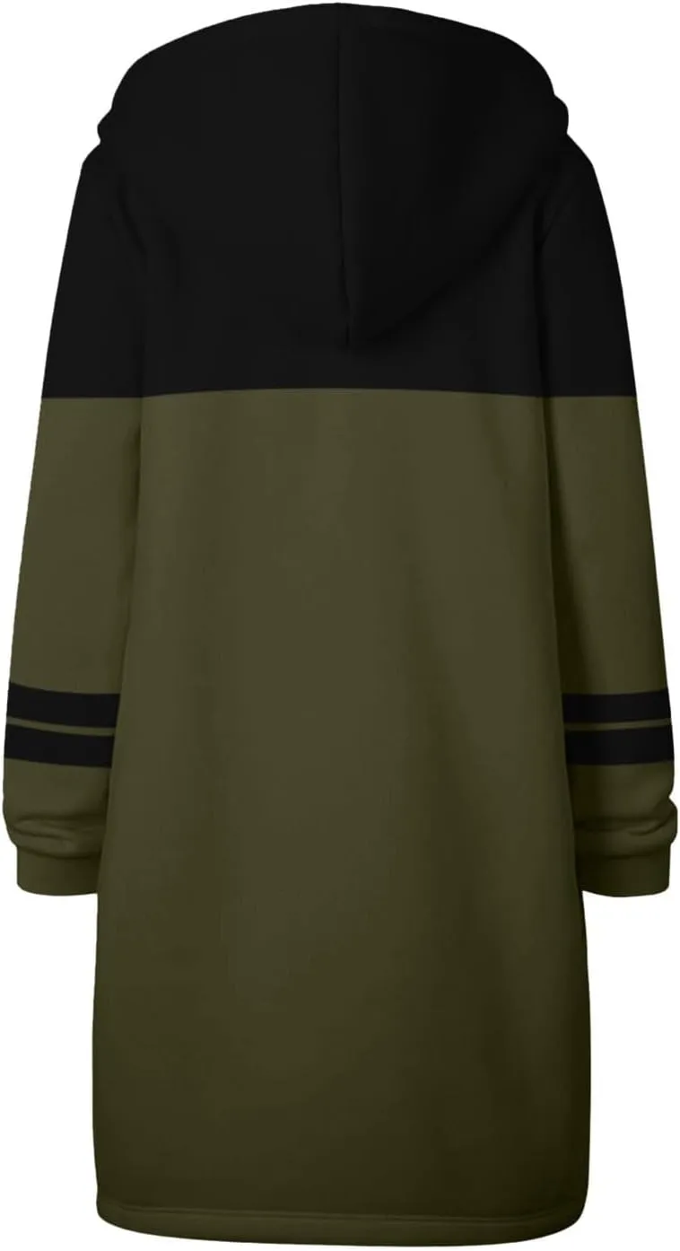 GOFULY Sweatshirt Dress Women Lightweight Zip Up Hoodies Fleece Fall Long Sleeve Drawstring Clothes Solid Jacket With Pockets