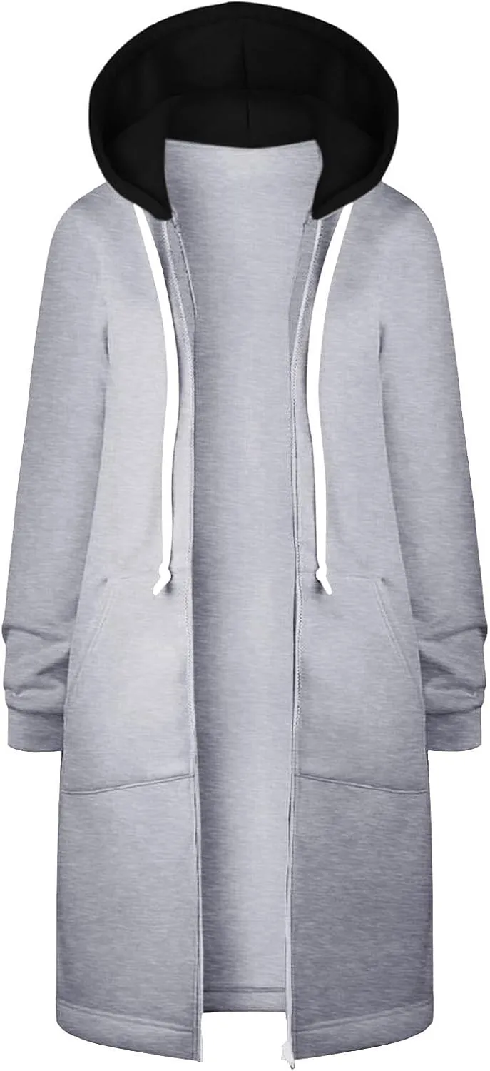 GOFULY Sweatshirt Dress Women Lightweight Zip Up Hoodies Fleece Fall Long Sleeve Drawstring Clothes Solid Jacket With Pockets