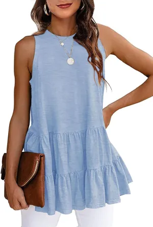 HAEOF Women's Summer Sleeveless Peplum Babydoll Tops Casual Crew Neck Flowy Loose Fit Tunic Tank Shirts