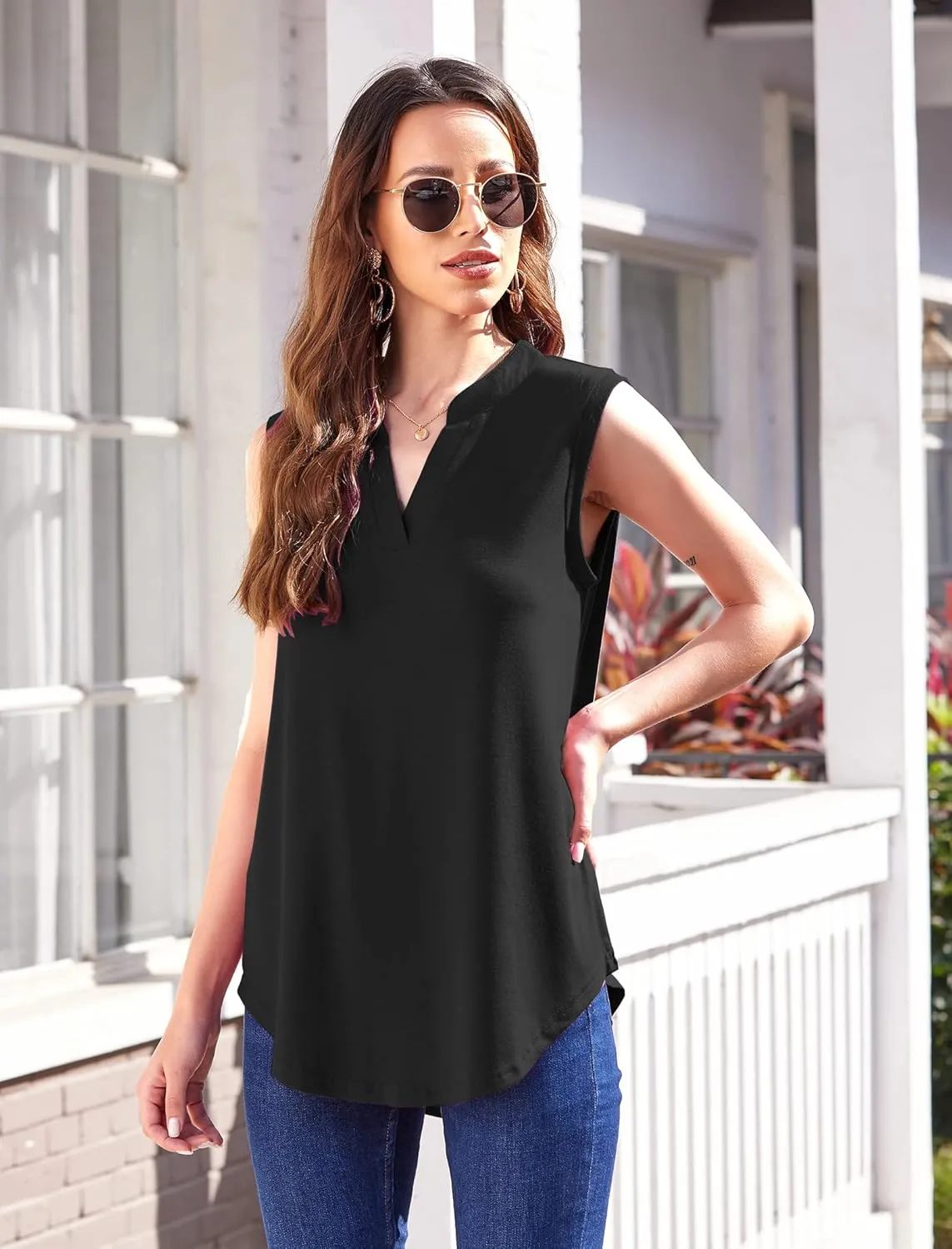 Halife Women's Sleeveless Floral Print V Neck Tunic Tank Tops Blouse Shirts