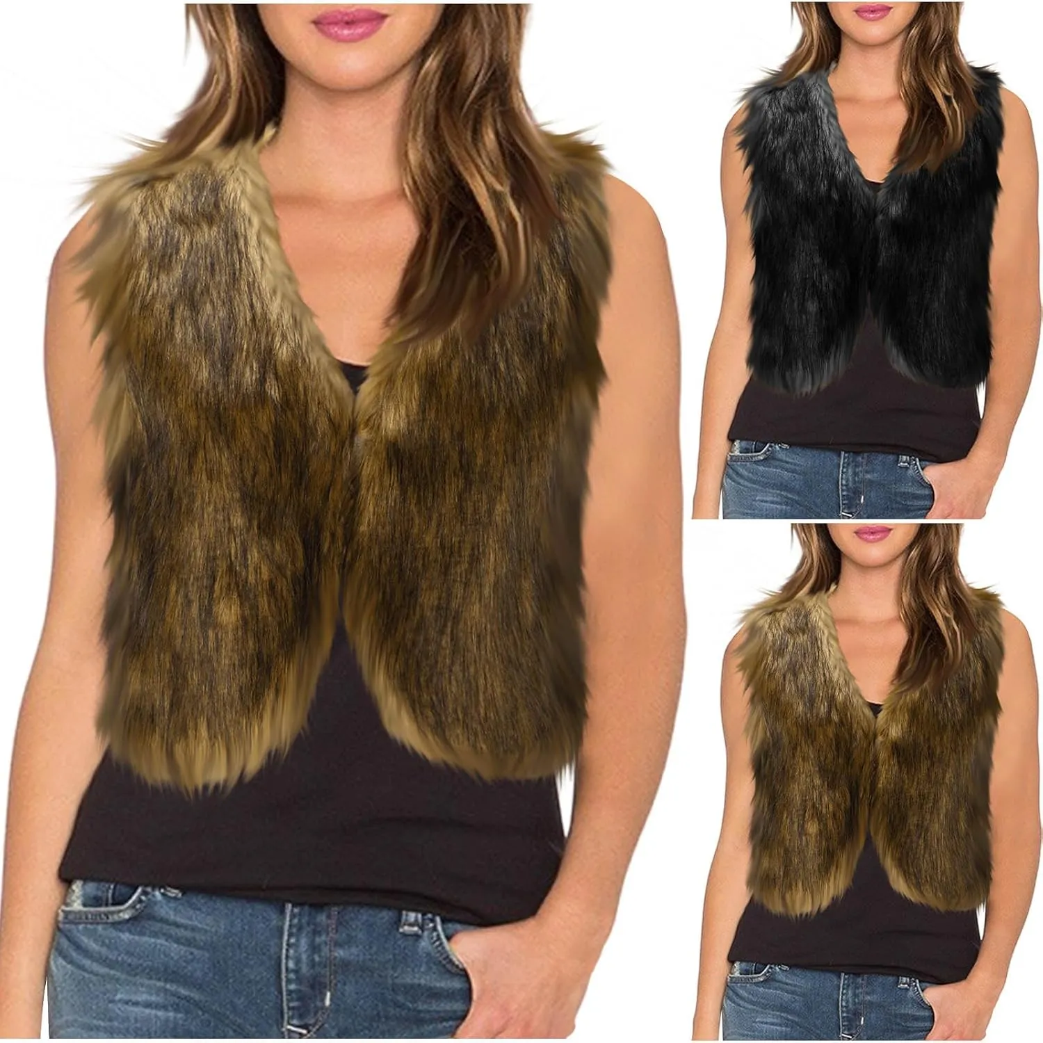 HGps8w Cropped Faux Fur Vest for Women Warm Winter Sleeveless Coat Open Front Fluffy Outerwear Waistcoat Jackets