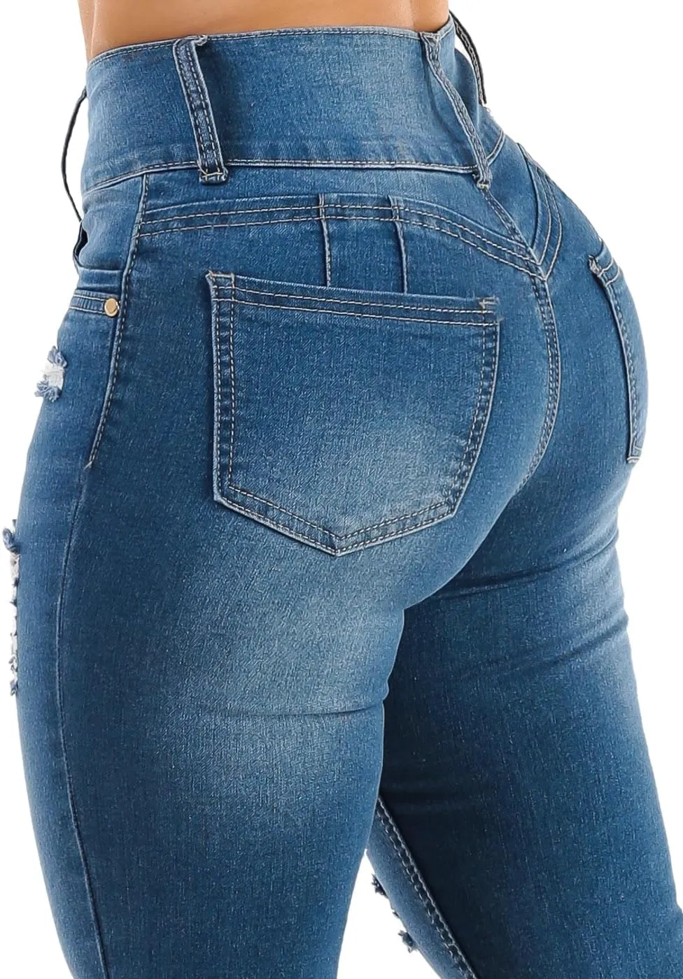 High Waisted Butt Lifting Skinny Jeans - Distressed Levanta Cola Stretchy Jeans