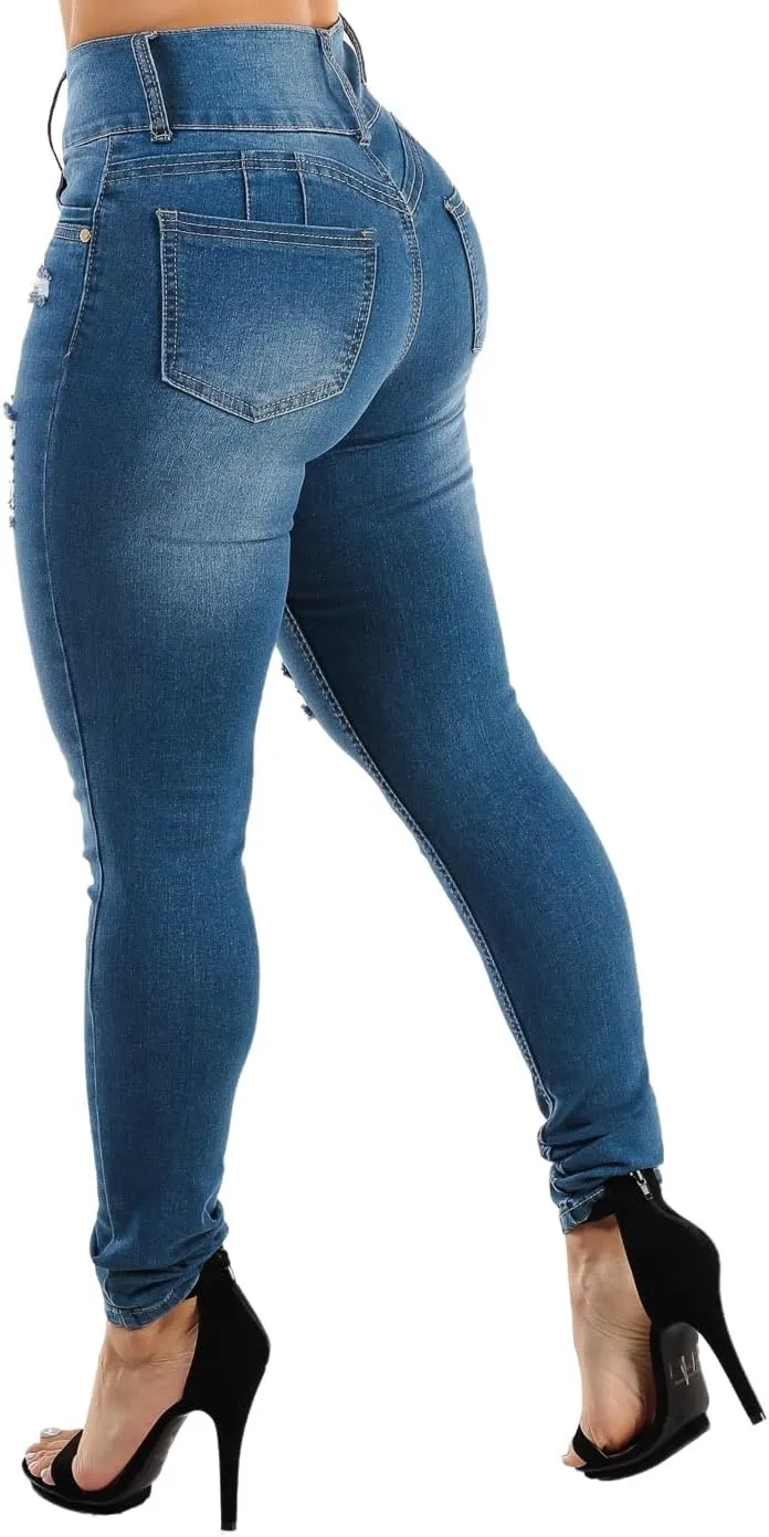 High Waisted Butt Lifting Skinny Jeans - Distressed Levanta Cola Stretchy Jeans