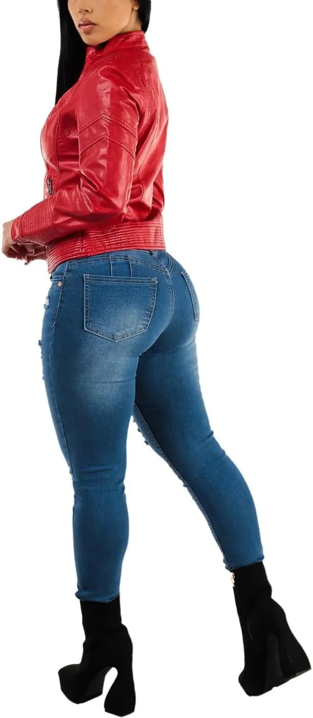 High Waisted Butt Lifting Skinny Jeans - Distressed Levanta Cola Stretchy Jeans