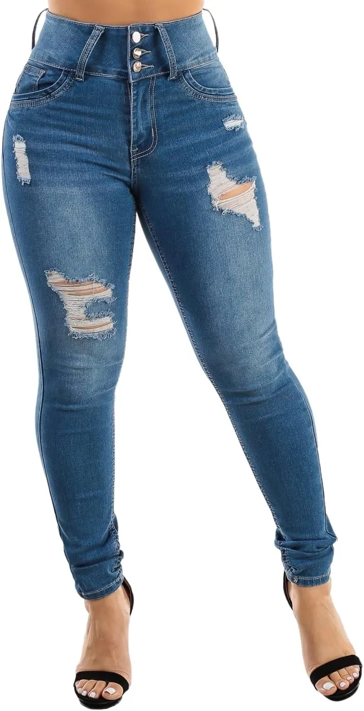 High Waisted Butt Lifting Skinny Jeans - Distressed Levanta Cola Stretchy Jeans