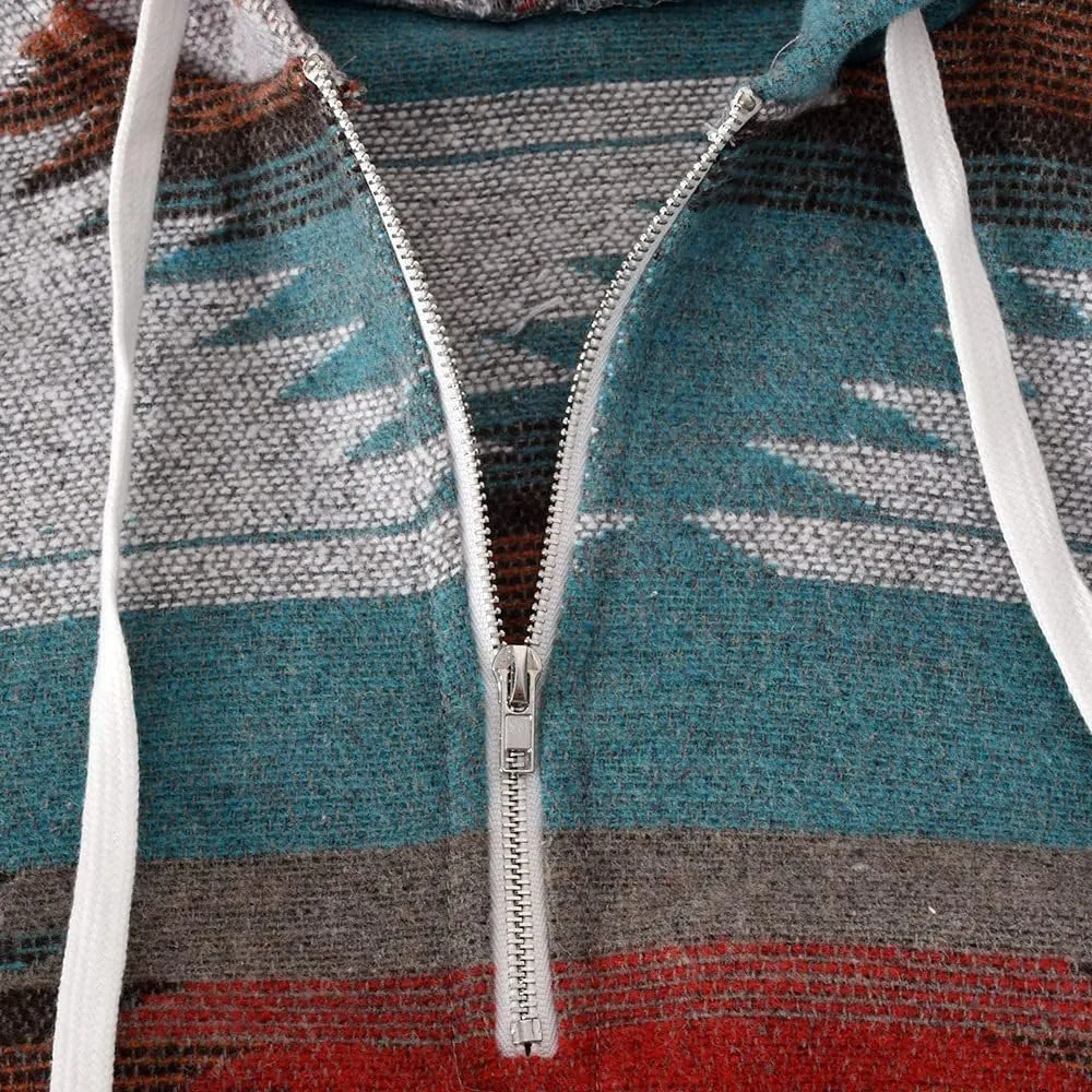 Hotmiss Womens Aztec Half Zip Up Hoodies Sweatshirt Western Long Sleeve Oversized Ethnic Tribal Hooded Pullover Shirt Top