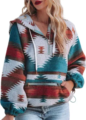 Hotmiss Womens Aztec Half Zip Up Hoodies Sweatshirt Western Long Sleeve Oversized Ethnic Tribal Hooded Pullover Shirt Top