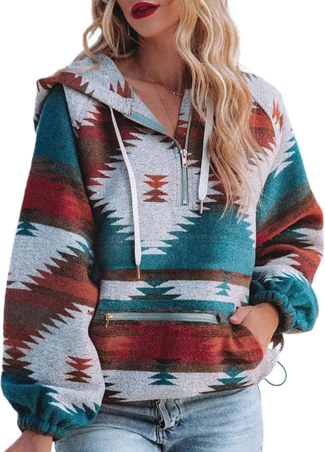 Hotmiss Womens Aztec Half Zip Up Hoodies Sweatshirt Western Long Sleeve Oversized Ethnic Tribal Hooded Pullover Shirt Top