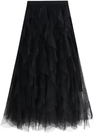 Hotmiss Women's Tulle Skirt Formal High Low Asymmetrical Midi Tea-Length Elastic Waist Tiered Layered Party Skirts