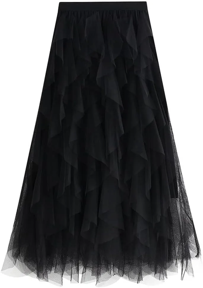 Hotmiss Women's Tulle Skirt Formal High Low Asymmetrical Midi Tea-Length Elastic Waist Tiered Layered Party Skirts