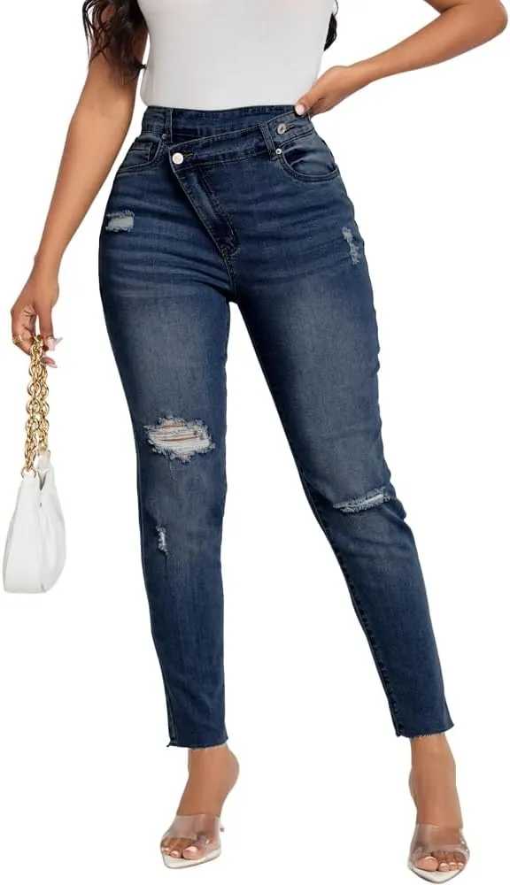 HTD Women's Boyfriend Jeans Ripped Skinny Jeans Distressed Stretchy Denim Pants