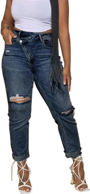 HTD Women's Boyfriend Jeans Ripped Skinny Jeans Distressed Stretchy Denim Pants