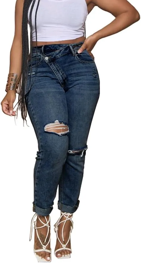 HTD Women's Boyfriend Jeans Ripped Skinny Jeans Distressed Stretchy Denim Pants