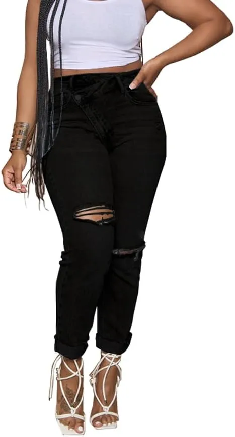 HTD Women's Boyfriend Jeans Ripped Skinny Jeans Distressed Stretchy Denim Pants