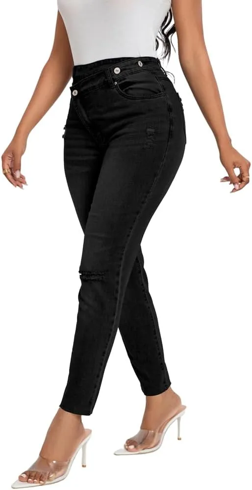 HTD Women's Boyfriend Jeans Ripped Skinny Jeans Distressed Stretchy Denim Pants