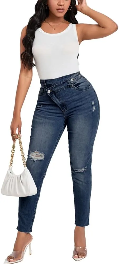 HTD Women's Boyfriend Jeans Ripped Skinny Jeans Distressed Stretchy Denim Pants