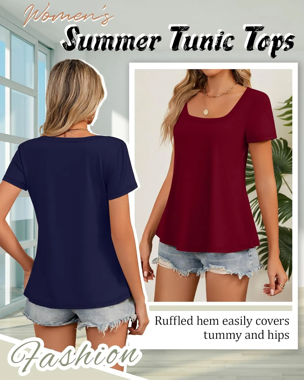 Huukeay 3 Pack Women's Summer Tunic Tops Scoop Neck Short Sleeve Shirt Casual Loose Fit Swing Tee to Wear with Leggings