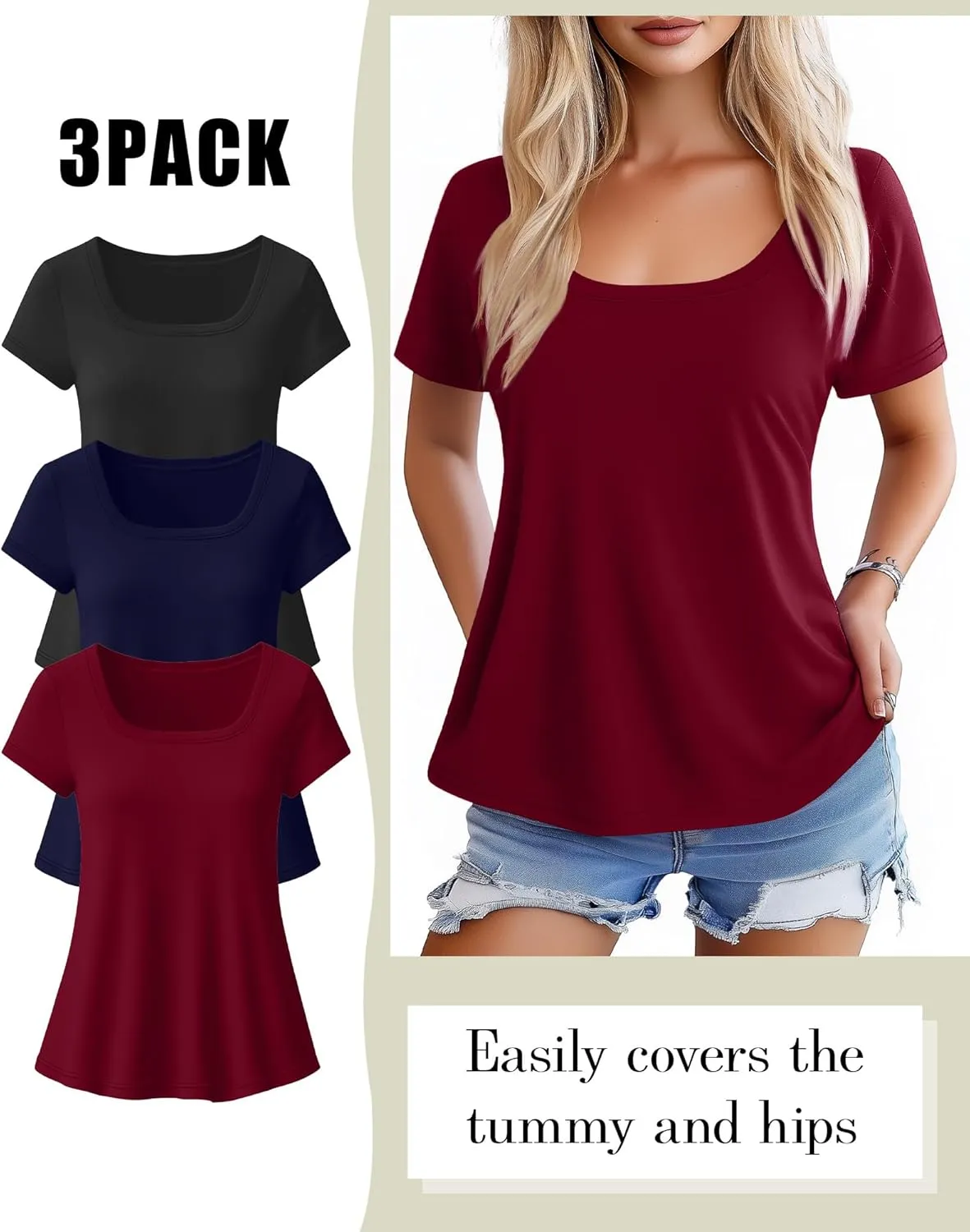 Huukeay 3 Pack Women's Summer Tunic Tops Scoop Neck Short Sleeve Shirt Casual Loose Fit Swing Tee to Wear with Leggings