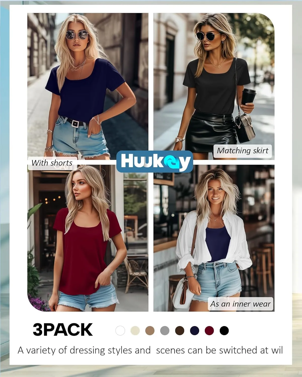 Huukeay 3 Pack Women's Summer Tunic Tops Scoop Neck Short Sleeve Shirt Casual Loose Fit Swing Tee to Wear with Leggings