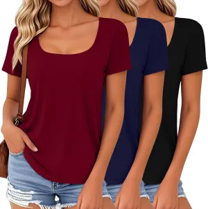 Huukeay 3 Pack Women's Summer Tunic Tops Scoop Neck Short Sleeve Shirt Casual Loose Fit Swing Tee to Wear with Leggings