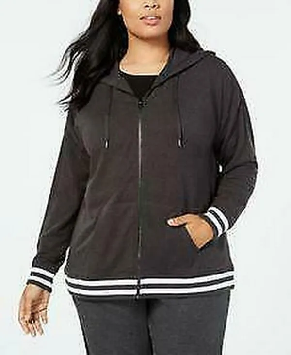 Ideology Women's Plus Varsity Stripe Heathered Hooded Jacket