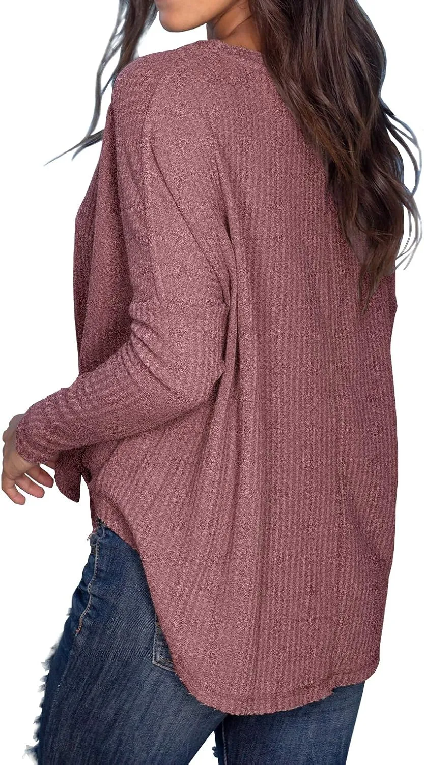 IWOLLENCE Women's Waffle Knit Tunic Blouse Tie Knot Henley Tops Loose Fitting Bat Wing Plain Shirts